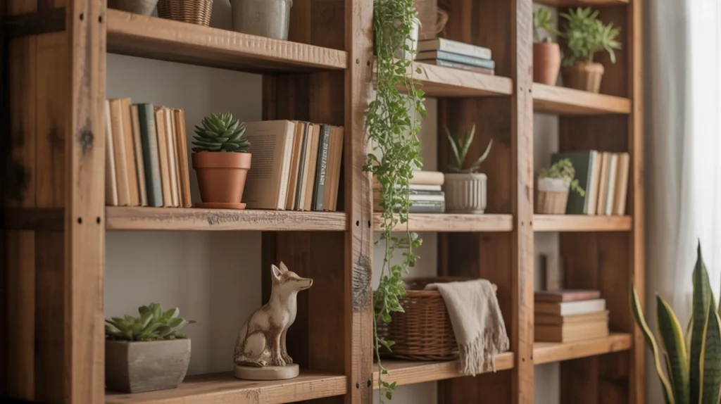 bookshelf styled with plants, baskets, and earthy decor pieces