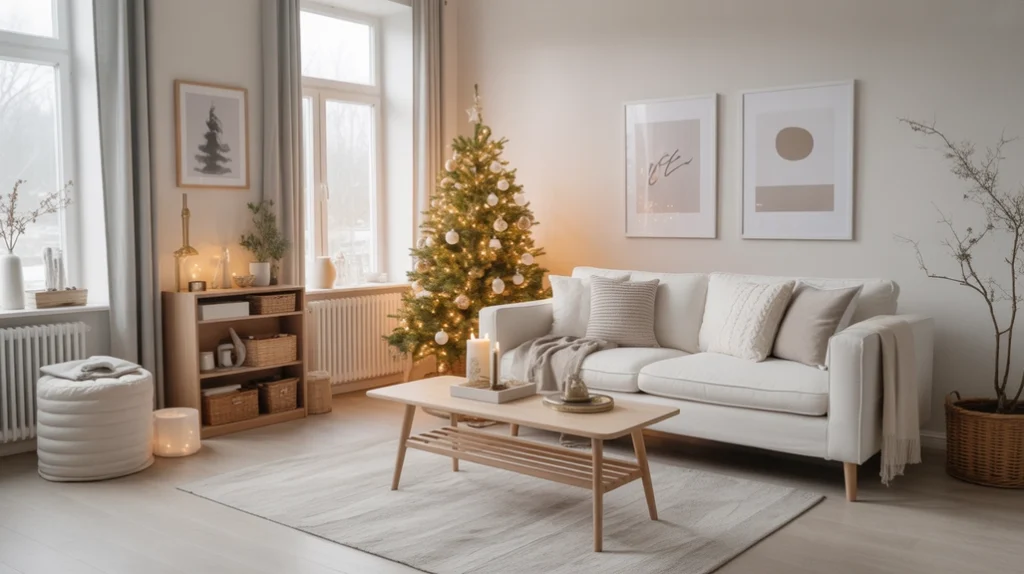 Cozy Nordic winter scene with neutral tones, pine garlands, and minimalist Scandinavian Christmas styling.