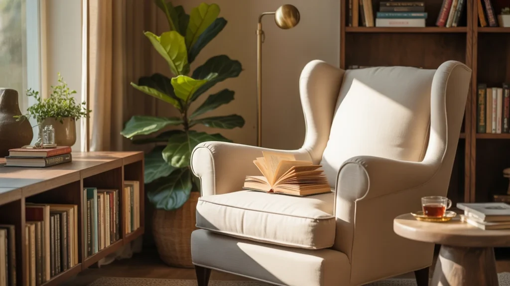 cozy earthy corner with reading chair and floor lamp