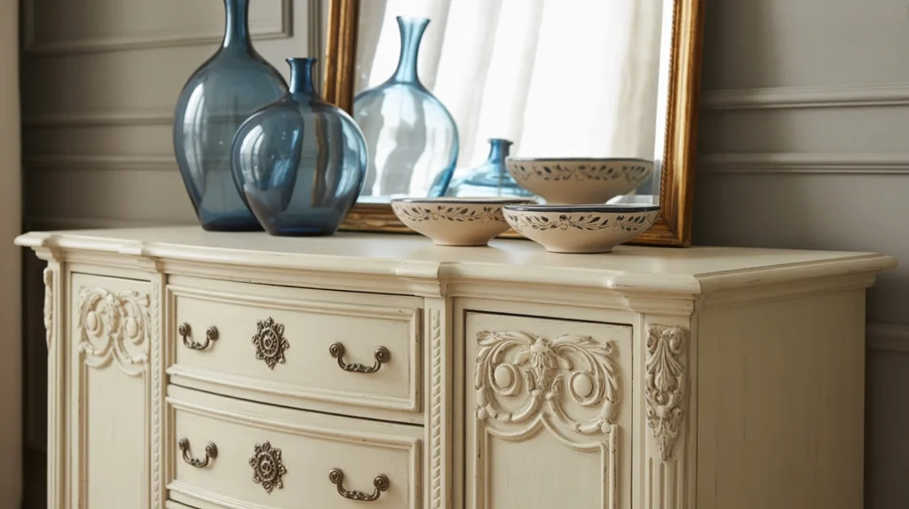 Blue glass and ceramic decor adding artistry to a modern blue and cream bedroom.