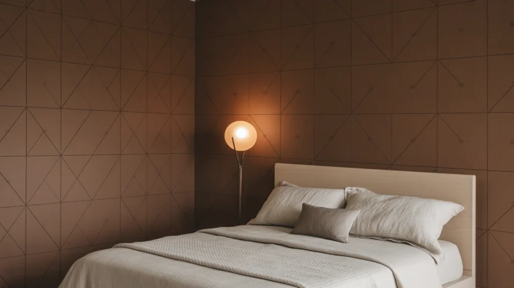 Brown bedroom with geometric patterned wallpaper and light furniture