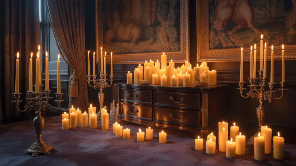Candlelight creating moody glow in witchy bedroom.