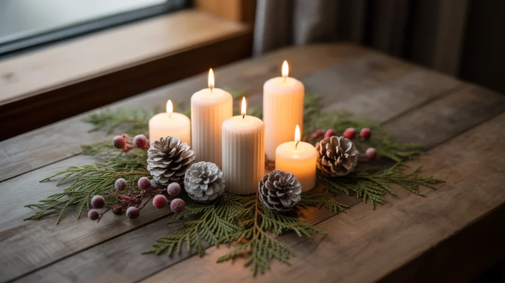 Evergreen-scented candles and pine branches adding freshness to cozy Christmas decor