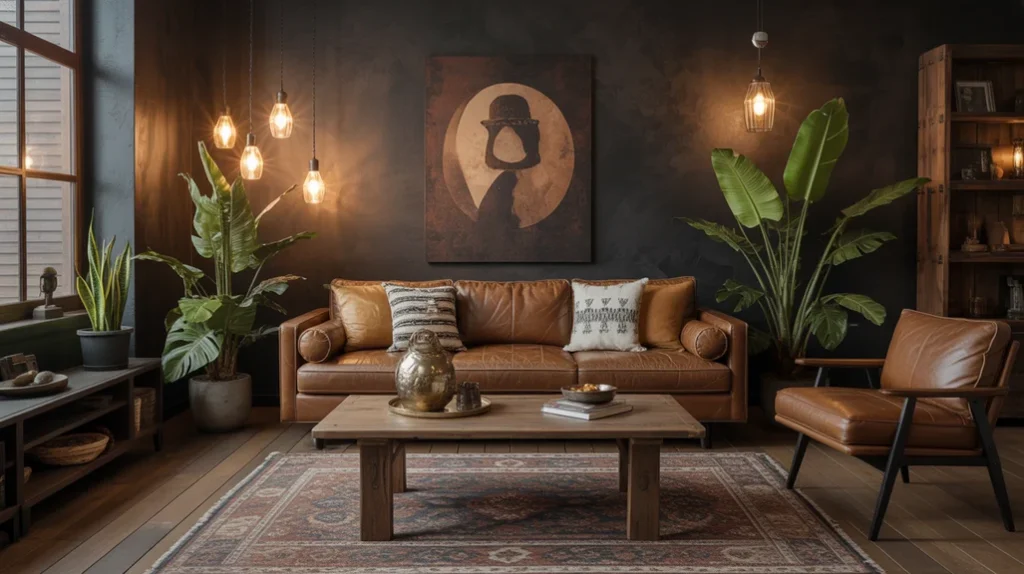 Leather sofa and rustic wood table in a dark boho living room with plants.