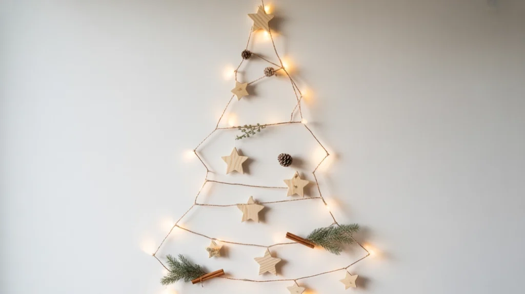 “minimalist wall-mounted Christmas tree with string lights and wooden ornaments”