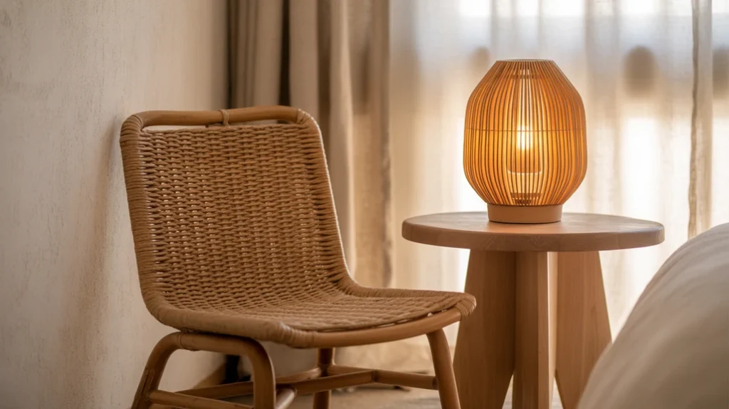 Natural elements like bamboo, rattan, and raw wood grounding the energy of eclectic bedroom design ideas.
