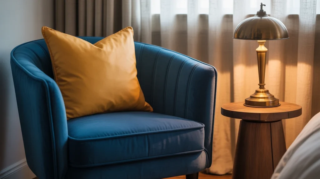 Navy blue and mustard yellow bedroom accents, bold contrast.