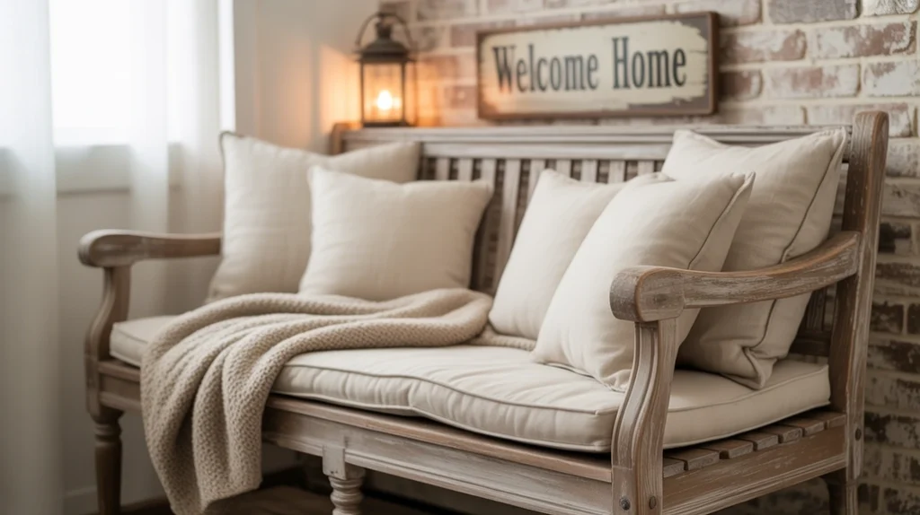 Wooden farmhouse bench styled with cushions and cozy throws
