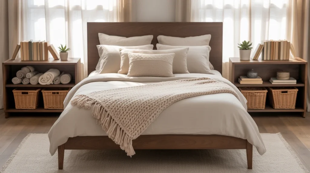 Storage-friendly bedroom furniture including drawers, baskets, and nightstands.