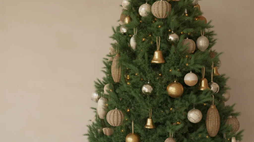 Vintage ornaments and brass bells on a boho Christmas tree.