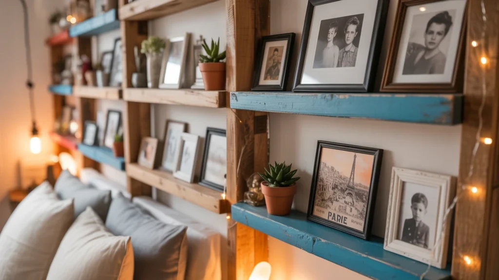 Maximalist bedroom with personal collectibles, travel souvenirs, family photos, and antiques displayed as décor