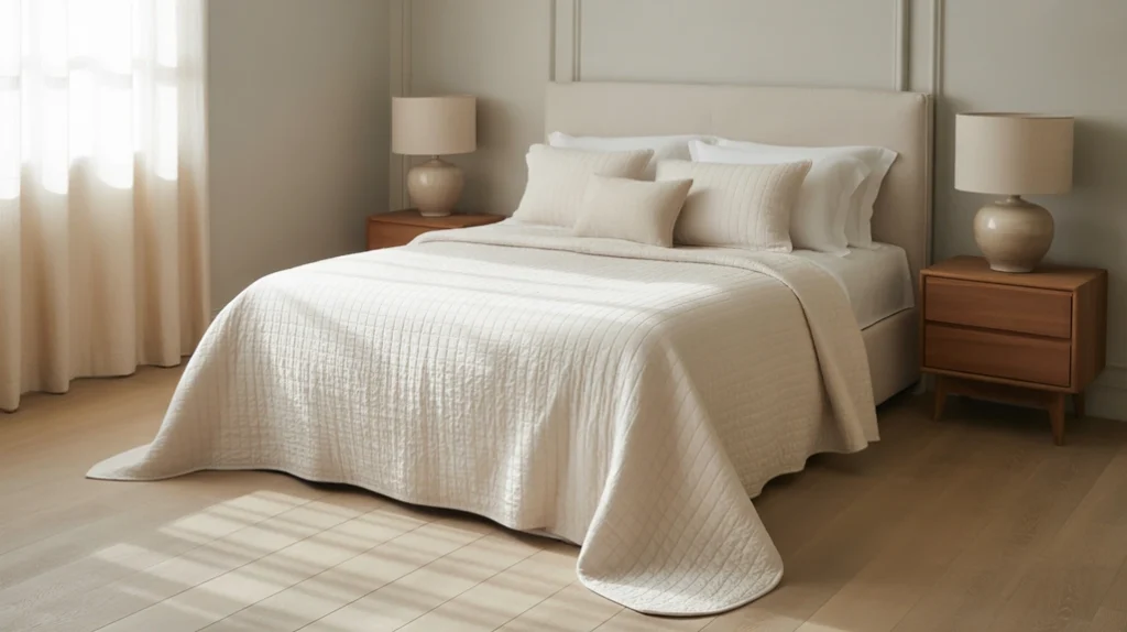 Brown bedroom with light oak floors and cream bedding for airy feel