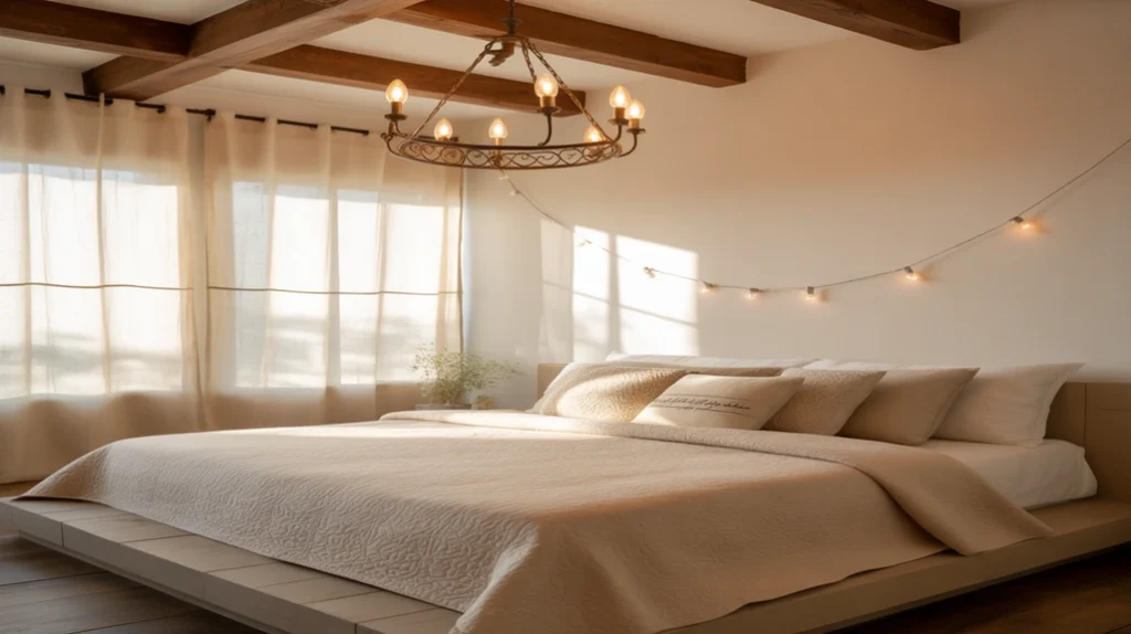 “Bedroom ceiling decor with rustic wooden beams and modern pendant lighting