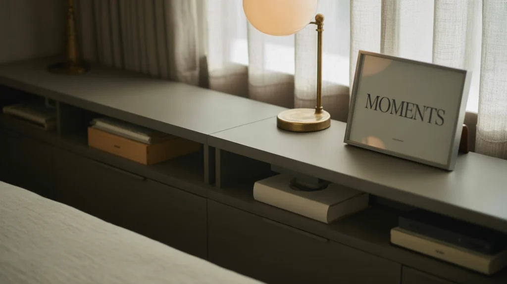 Cozy moody bedroom kept clutter-free with hidden storage for relaxation.