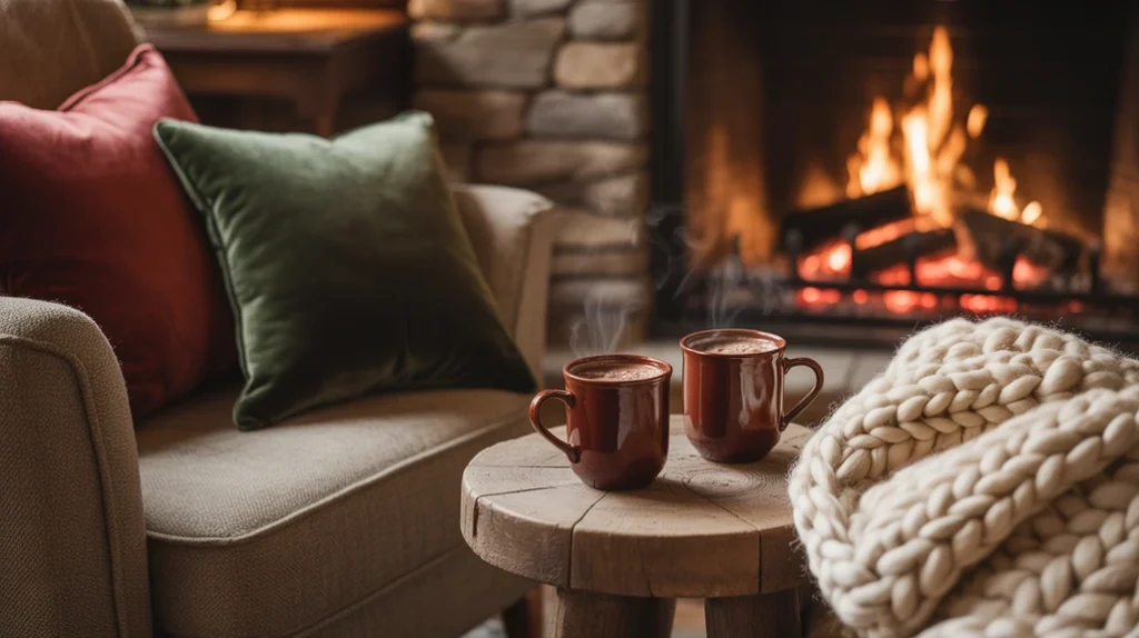 Conversation nook with fireplace and cocoa mugs as part of cozy Christmas living room ideas