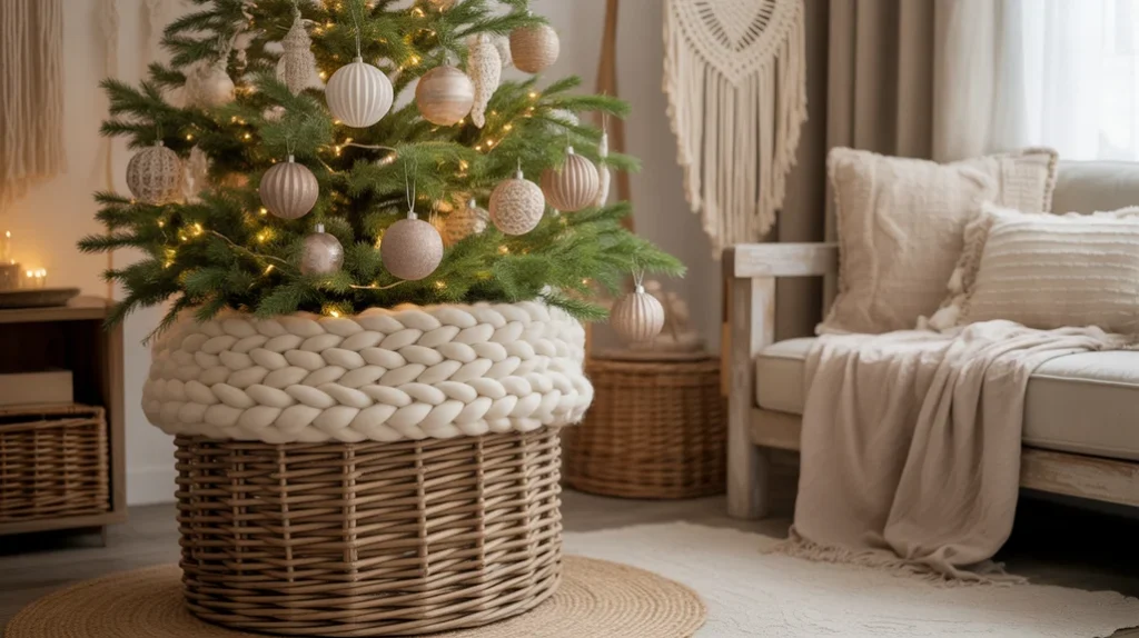 Woven basket base and knit blanket under rustic tree.