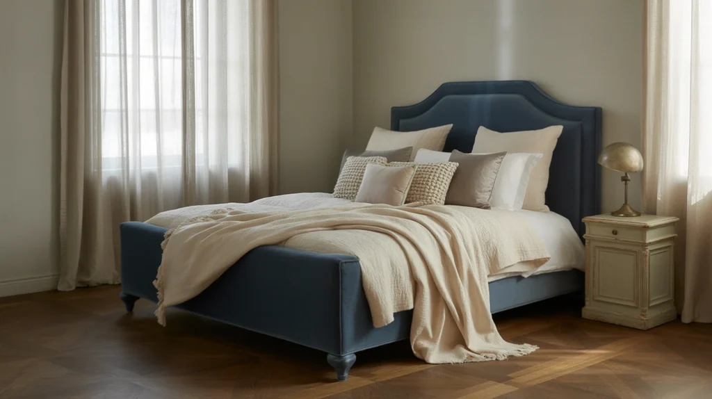 Cream pillows and throws balancing rich blue tones in a cozy bedroom design.