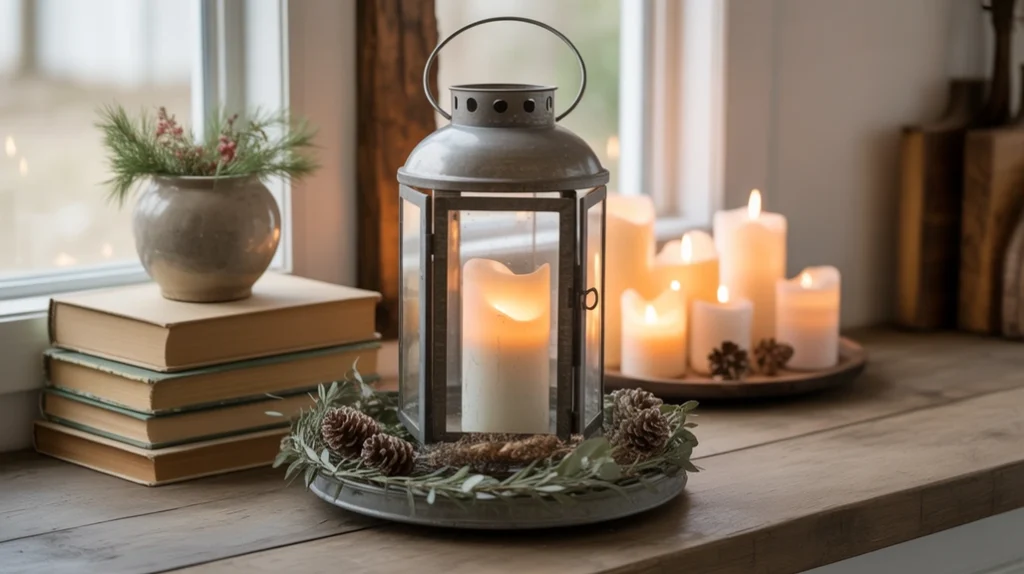 Farmhouse mantel decor with lanterns, candles, and greenery.