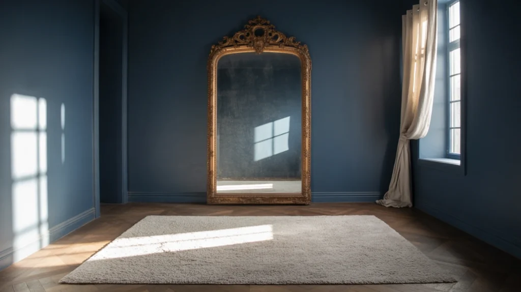 Navy blue bedroom with large mirror reflecting light.