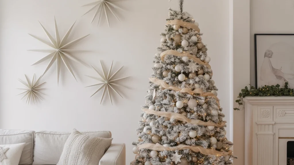 “Nordic-inspired white Christmas tree with neutral ornaments and flocked branches”