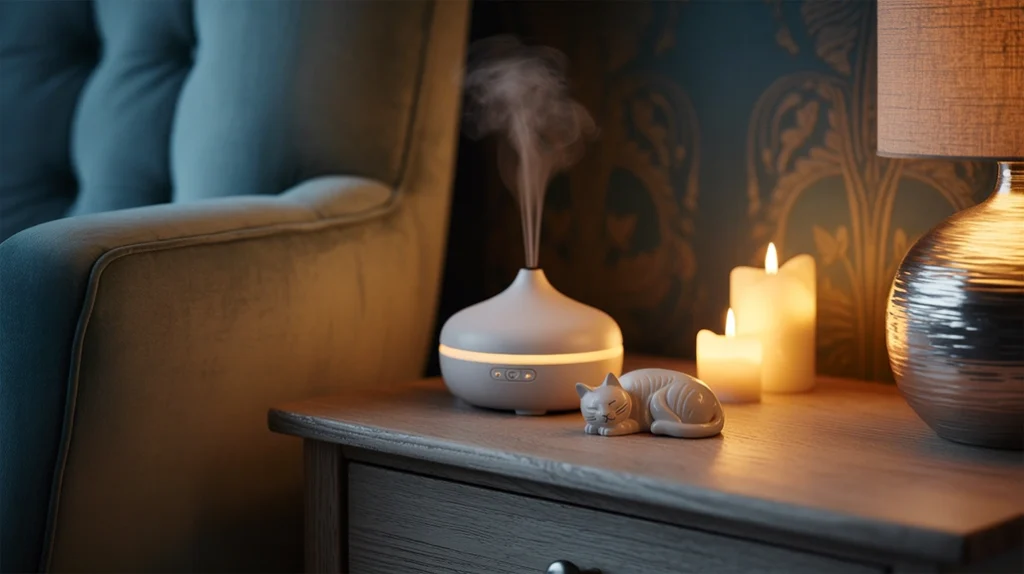 Candles and diffusers completing the cozy atmosphere of eclectic bedroom design ideas for a personalized retreat.