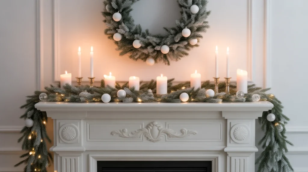 Frosted pine garland and candles decorating a snowy winter mantel for elegant home styling