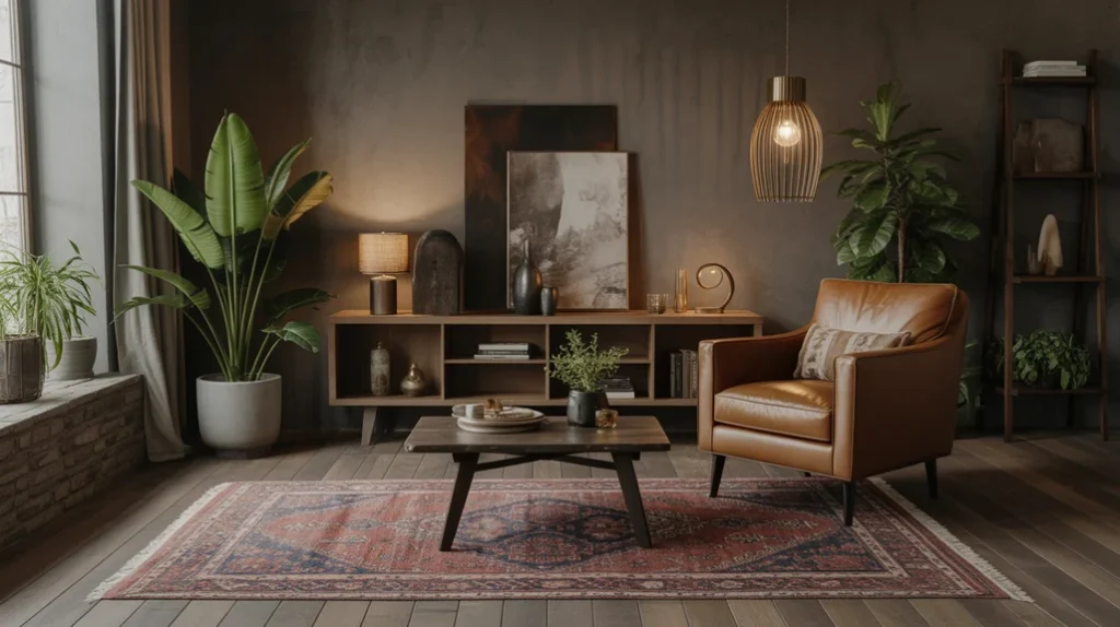 Vintage rug as focal point in a cozy dark boho living room with armchair.