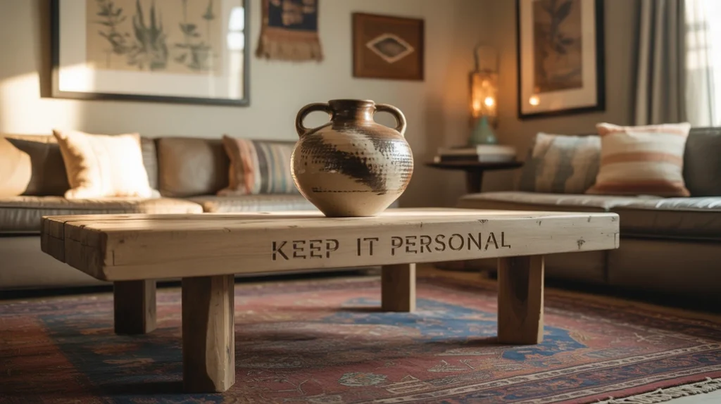 handmade pottery and heirloom rug in personal earthy living room