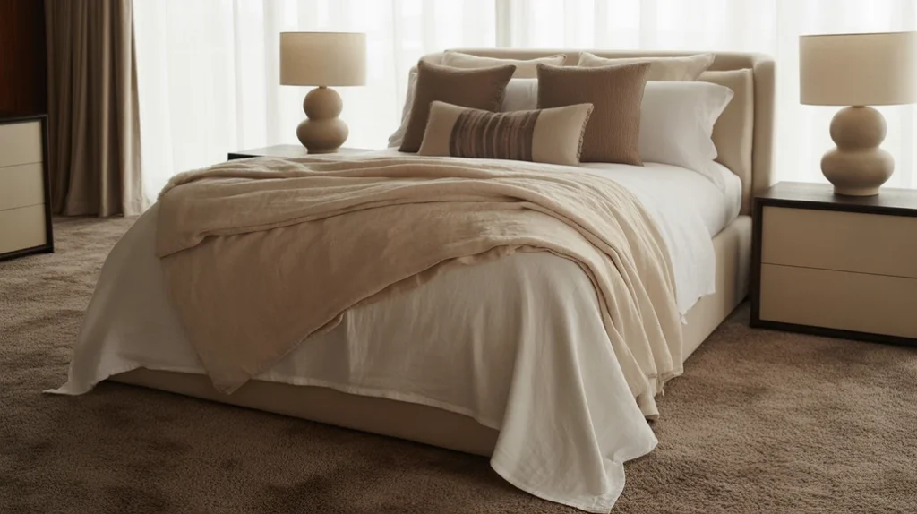 Bedroom with soft brown carpet and cozy neutral decor