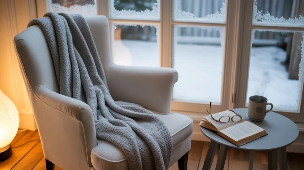 Cozy reading nook with neutral tones, frosted decor, and soft winter lighting