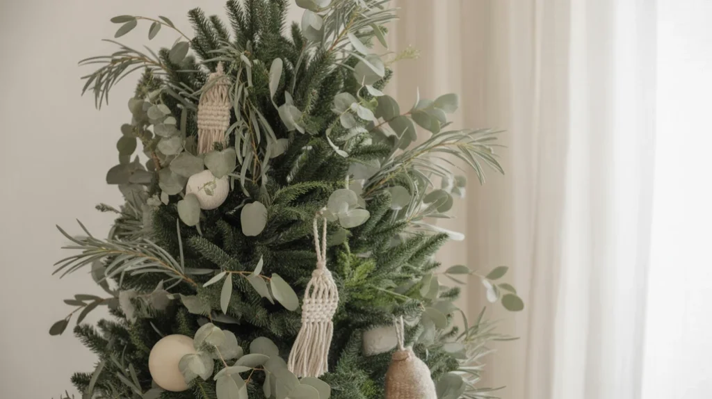 Eucalyptus and olive branches on a natural boho Christmas tree.