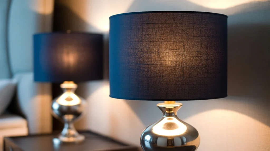 Navy blue lampshades on metallic bedside lamps.
