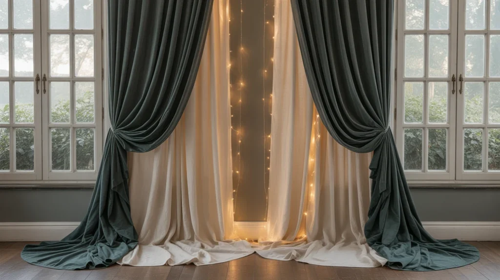 Layered velvet and linen curtains in softly lit Christmas living room ideas