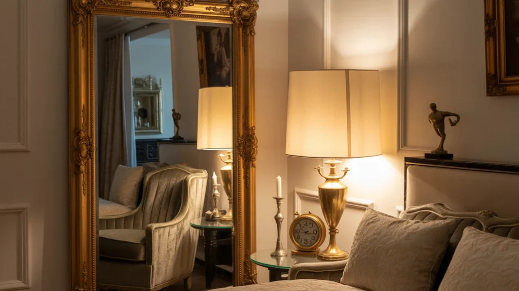 “Metallic accents in bedroom with gold mirror and brass bedside lamps.”