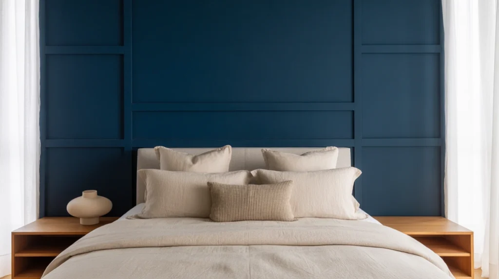 Navy feature wall creating drama in an elegant blue and cream bedroom retreat.
