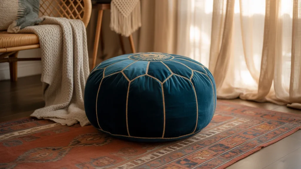 Texture mix in a dark bohemian living room with velvet pouf, macrame, and rug.