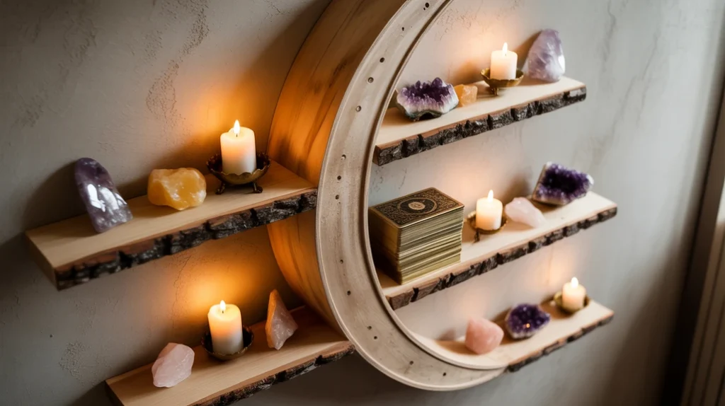 Moon-shaped shelves with crystals and tarot cards.