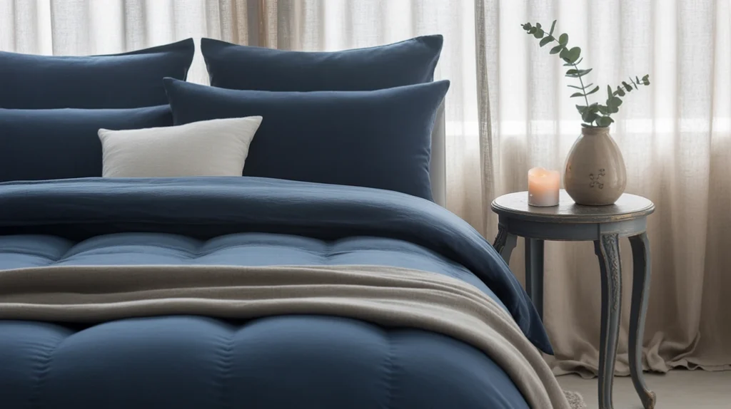 Navy blue bedroom styled with small accessories—frames, vases, candles.