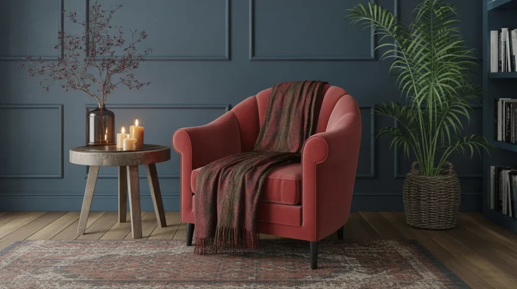 Bold red accent chair in a dark boho living room with patterned blanket and bookshelf