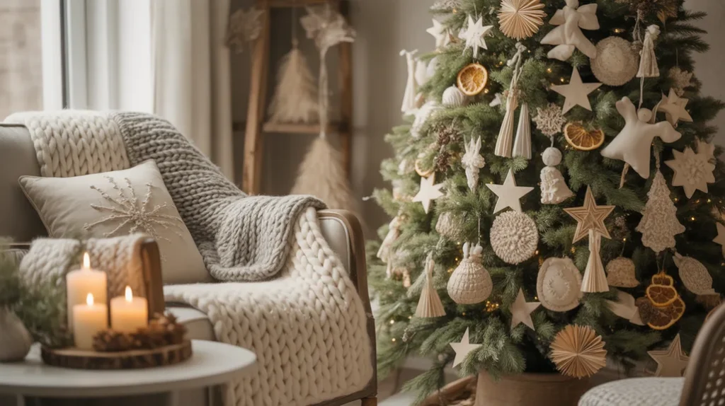 “cozy Christmas tree corner with DIY ornaments, soft lighting, and minimalist decor”