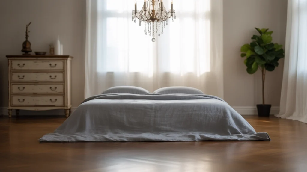 Mix of modern low-profile bed with vintage wooden dresser in eclectic bedroom