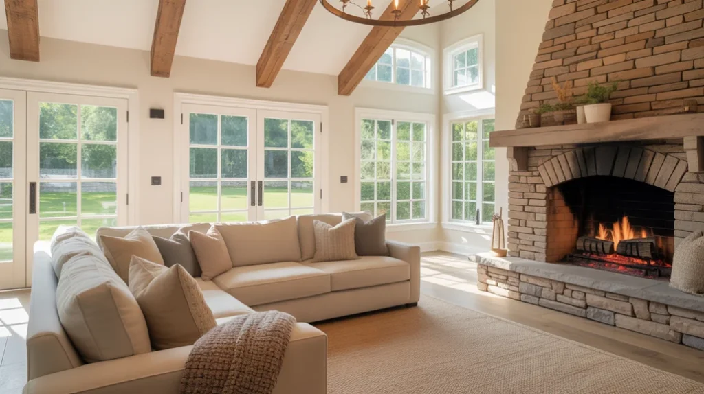 Modern warm farmhouse living room decor ideas blending rustic and sleek style