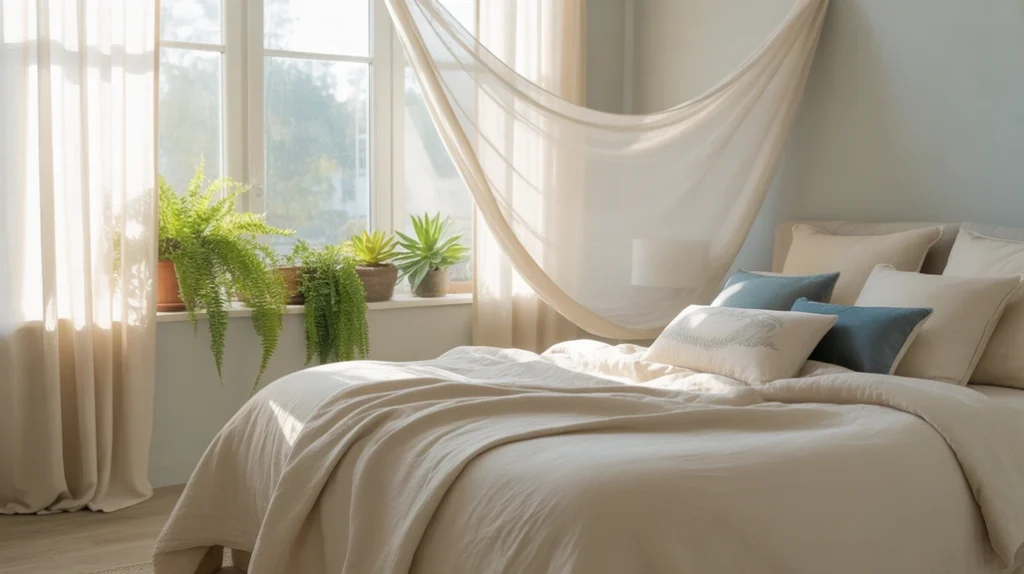 Natural daylight illuminating the calming tones of a blue and cream bedroom.