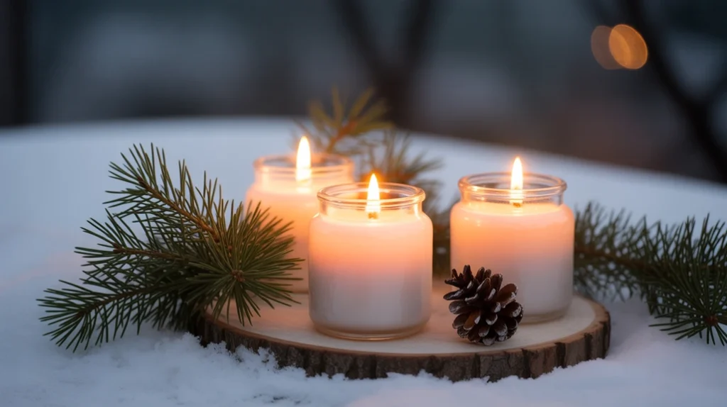 Pine-scented candles and frosted glass holders creating a fragrant Frosted Winter Wonderland vibe