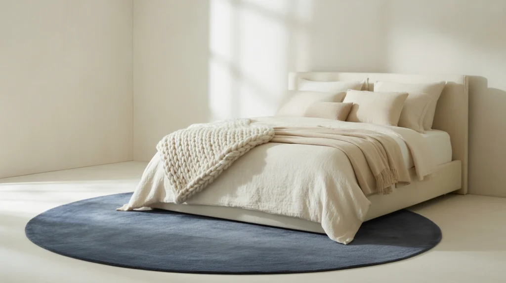 Blue area rug grounding the soft cream palette in a balanced bedroom design.