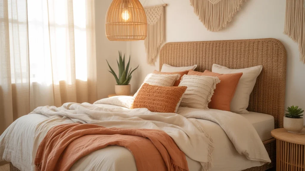 Boho brown bedroom with rattan lights, woven decor, and earthy tones