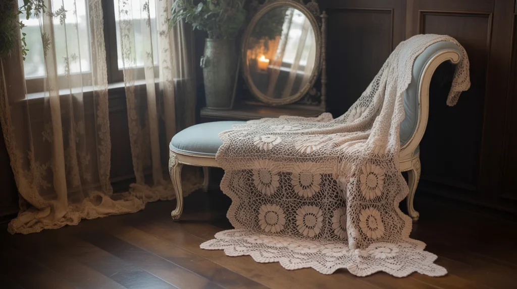 Lace curtains and crochet blankets softening dark room.