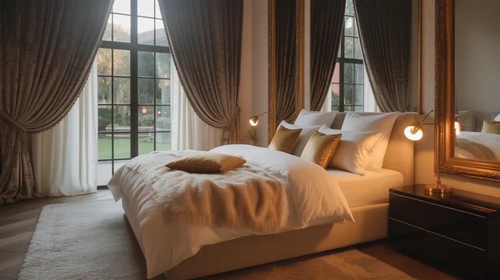 Brown master bedroom with velvet curtains and layered luxury fabrics