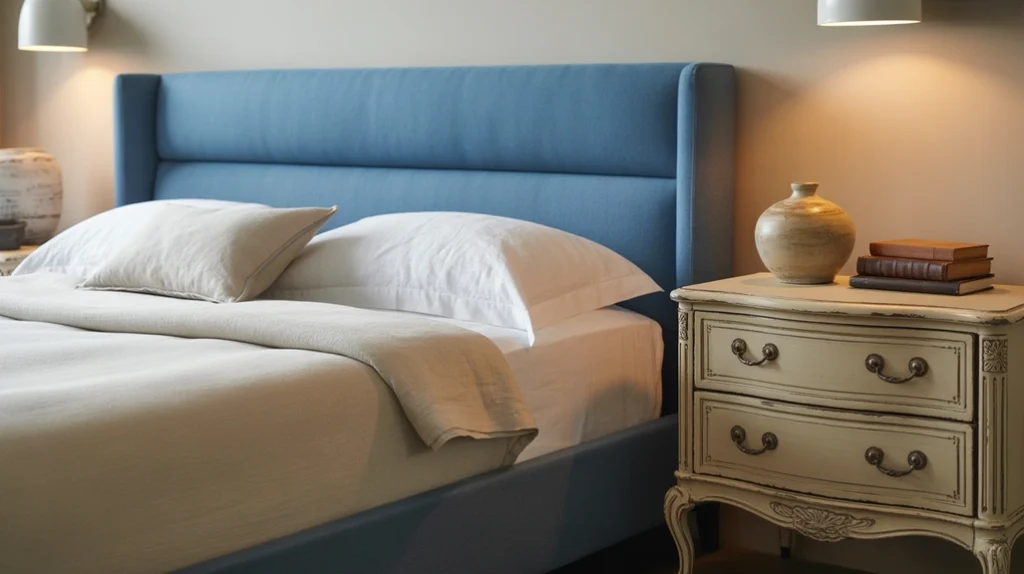 Mix of modern and vintage decor creating charm in a blue and cream bedroom.