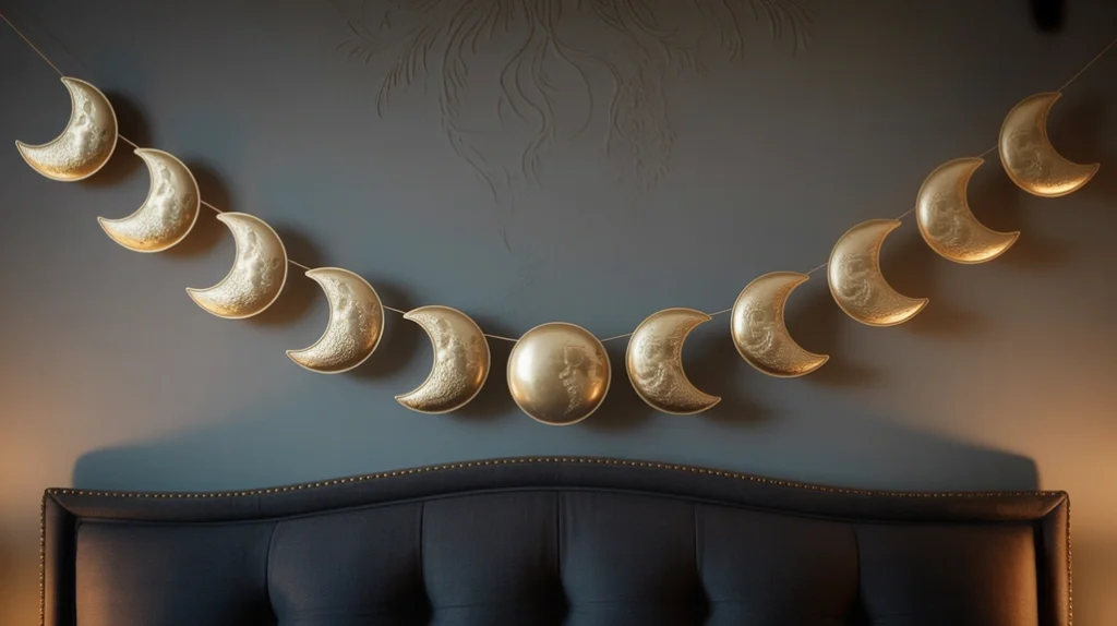 Moon phase wall decor above bed — witchy bedroom idea.